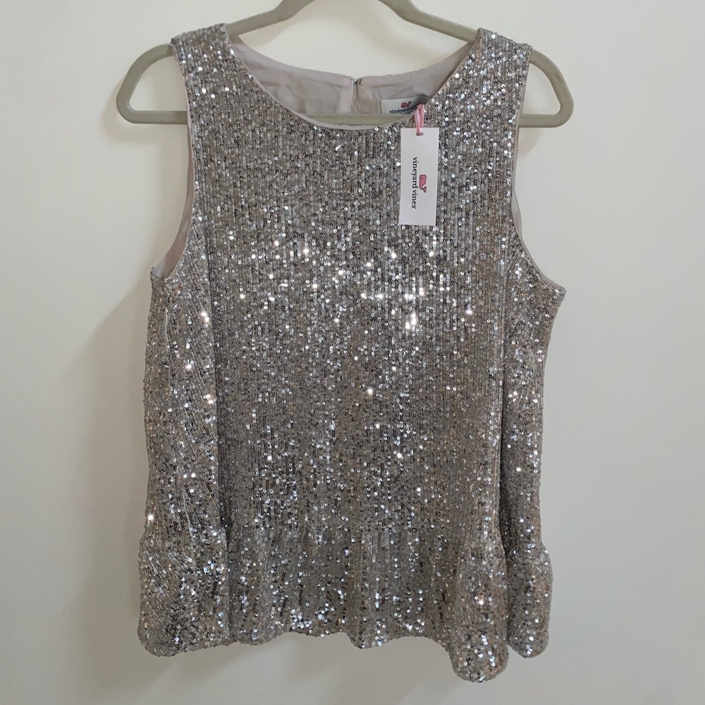 NWT | Vineyard Vines | Silver Sequin Peplum Top | Size L